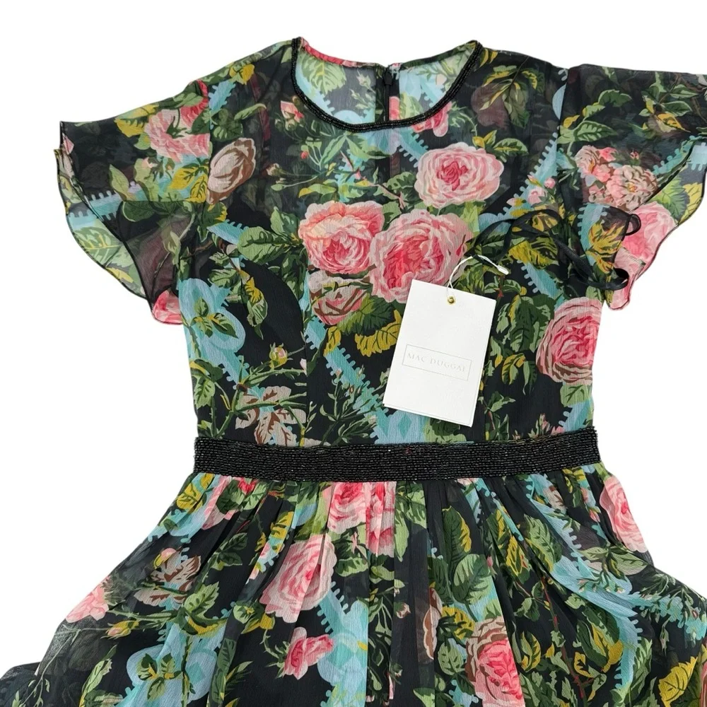 Mac Duggal Floral Illusion Cap Sleeve Midi Dress Black Multi Sheer NWT Size 8 - Picture 8 of 11